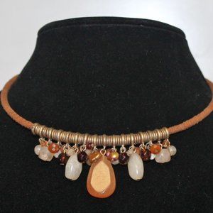 Cha-Cha Leather Stone Beaded Boho Gypsy Goddess Choker Necklace